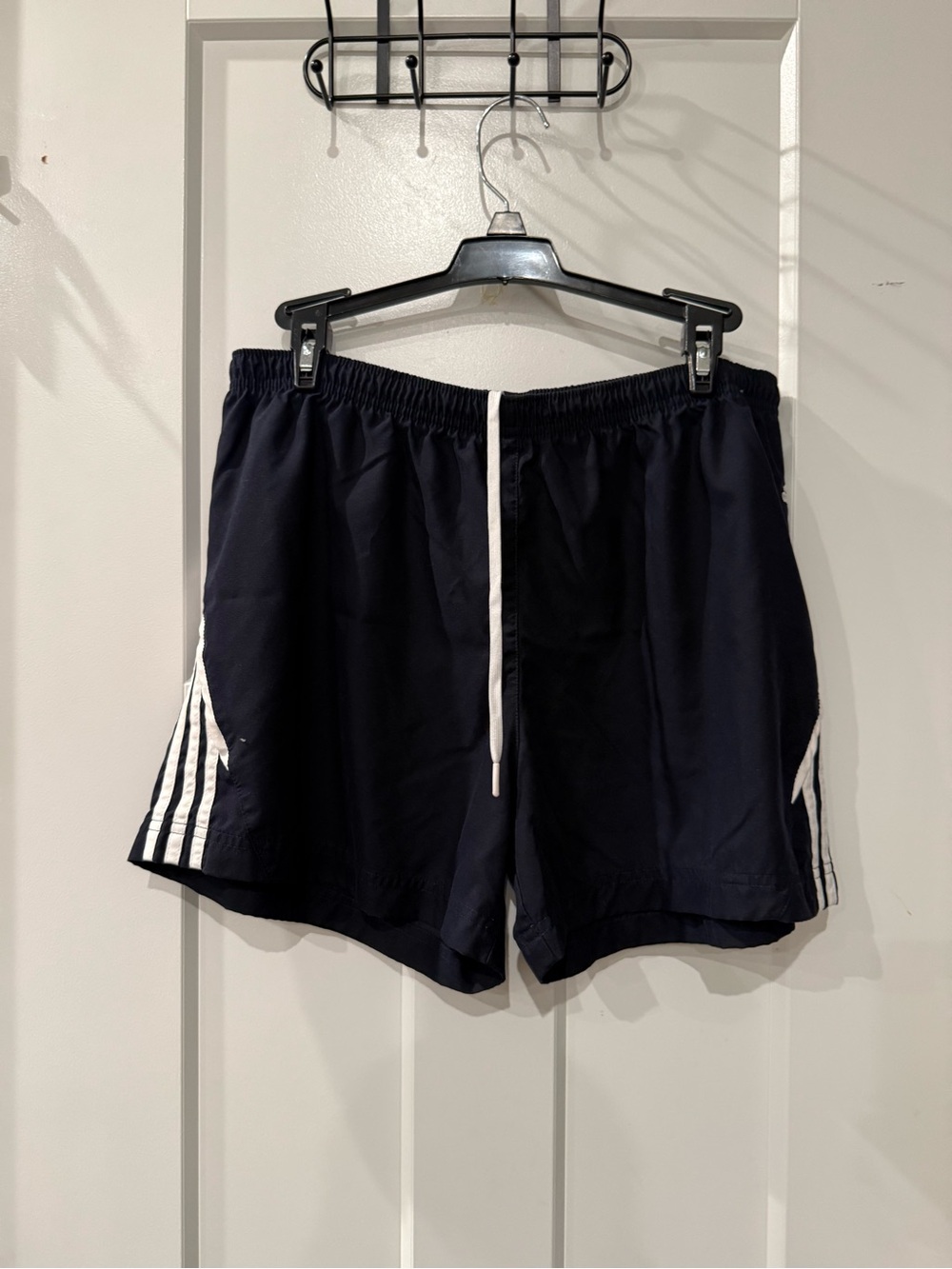 adidas Navy Athletic Shorts with White Drawstring and Side Stripes